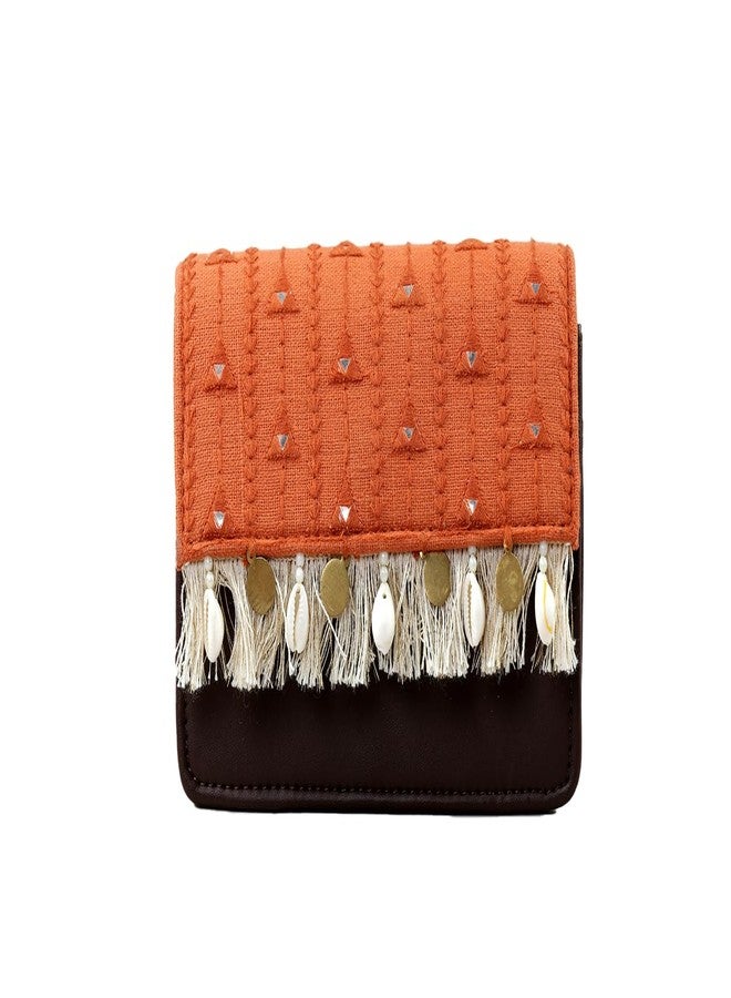 BHASTRA Boho Affair Sling and Waist Bag - Orange| Handloom Woven Cotton and Vegan Leather | 2 Belt and West Bag Fit Upto 42 inches and Detachable Sling Chain - Ideal For Gifting - Image 3
